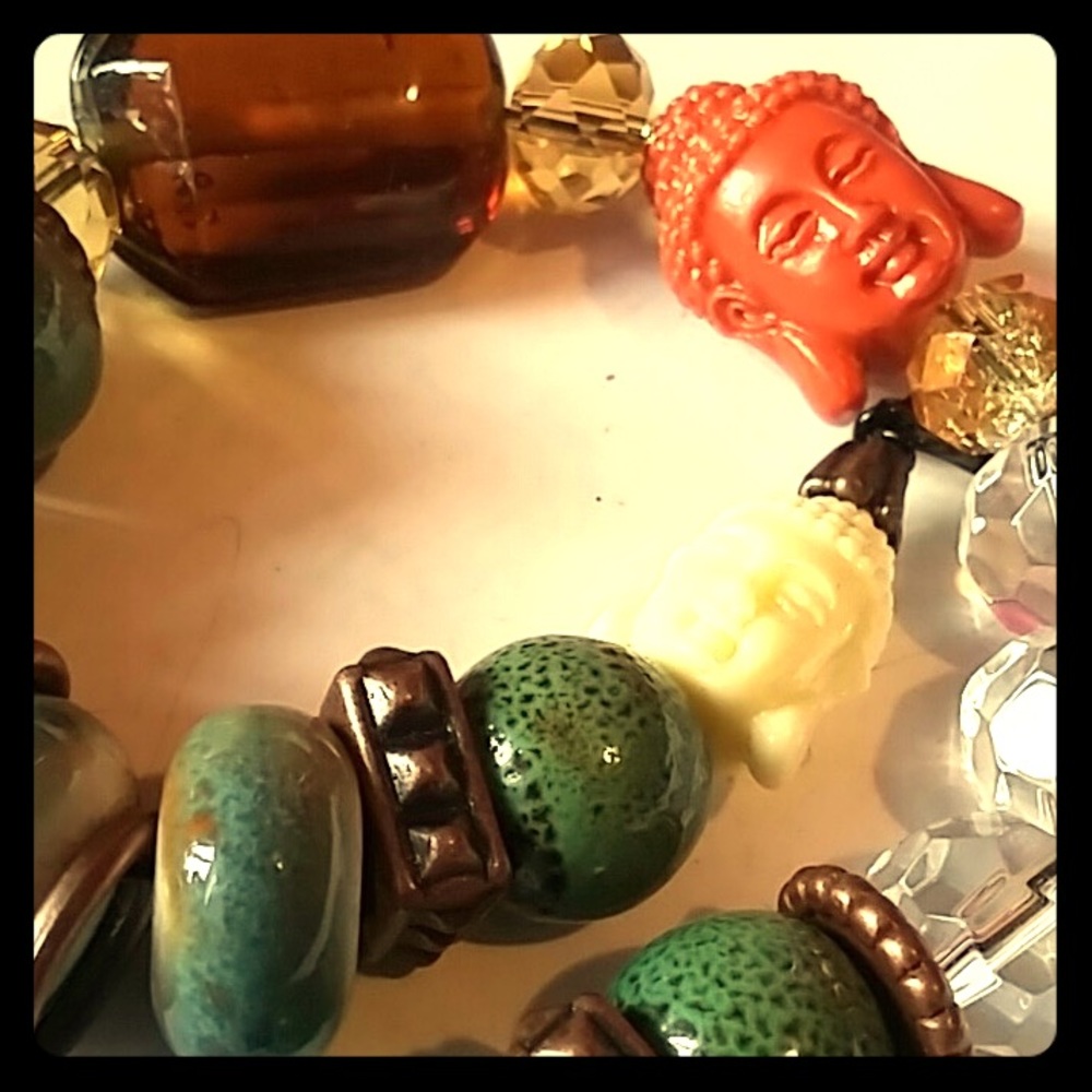 Ceramic and Clear Glass Buddha Beaded Bracelet
